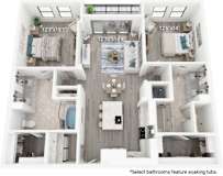 A floor plan of an apartment with dimensions and a note about bathrooms.