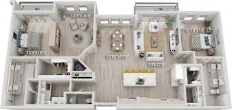 A floor plan of a two-bedroom apartment with dimensions and room layout.