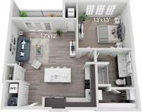A 17x12 inch living room with a couch, chair, and television.