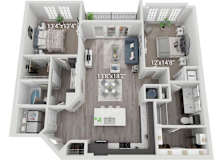 A 3D floor plan of a house with a living room, kitchen, and two bedrooms.