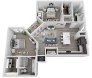A 3D floor plan of a house with dimensions 14'3"x12'3" and 11'9"x15'2".