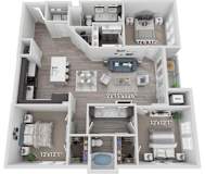 A 3D floor plan of a two-bedroom apartment with dimensions.