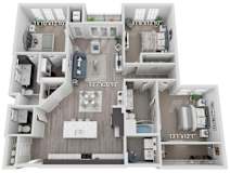 A 3D floor plan of a house with dimensions of each room.