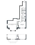 A black and white image of a floor plan for a one bedroom apartment.