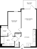 A black and white image of a floor plan for a home with a balcony, bedroom, living/dining area, kitchen, bathroom, and closet.