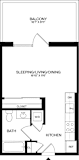 A black and white floor plan of a small apartment with a balcony and a bathroom.