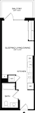 A floor plan of a small apartment with a balcony, kitchen, bathroom, and sleeping/living/dining area.