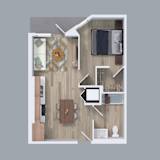 A top-down view of a modern apartment layout with a kitchen, living room, and bathroom at The Read, Los Angeles, CA 90016