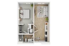 A top-down view of a modern, minimalist bedroom and bathroom.