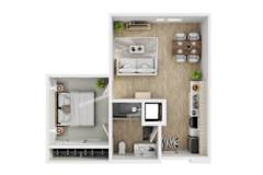 A top-down view of a small apartment with a bedroom, living room, and kitchen area.