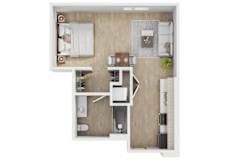 A top-down view of a small apartment with a kitchen, living room, and bedroom.