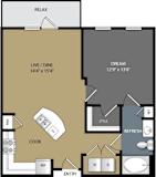A floor plan of a house with a living room, dining room, kitchen, and bathrooms.