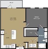 A floor plan of a house with a living room, dining room, kitchen, and bathrooms.