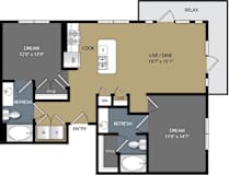 A floor plan of a house with a living room, dining room, kitchen, and two bedrooms.