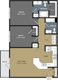 A floor plan of a two-bedroom apartment with a living room, kitchen, and two bedrooms.