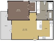 A floor plan of a house with a living room, dining room, kitchen, and bathroom.