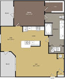 A floor plan of a house with a dining area, a living area, and a kitchen.
