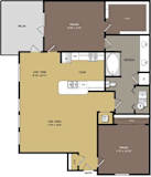 A floor plan of a house with a living room, dining room, kitchen, and bathrooms.