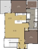 A floor plan of a house with a living room, dining room, kitchen, and bathrooms.