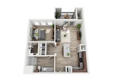 One bedroom 1 bathroom floorplan with balcony at Enclave at the Dominion Apartments, Texas