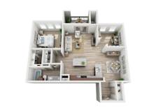 Two bedroom two bath floorplan with balcony at Enclave at the Dominion Apartments, San Antonio