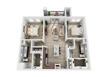Two bedroom two bathroom floorplan with balcony at Enclave at the Dominion Apartments, Texas, 78256