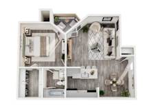 One bedroom one bathroom floorplan with walk-in closet at Ashwood Park Apartments, Dallas, 75252