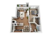 One bedroom one bath floorplan with walk-in closet at Elm Hollow Apartments, Helotes, 78023