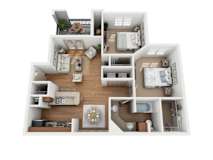 Three bedroom two bathroom floorplan with balcony at Elm Hollow Apartments, Helotes