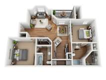 Two bedroom 2 bath floorplan with balcony at Elm Hollow Apartments, Texas, 78023