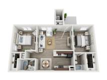 A 3D floor plan of a house with a living room, kitchen, dining room, and bedrooms.