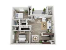 A 3D floor plan of a house with a kitchen, living room, and two bedrooms.