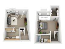A diagram of a two-story apartment with a living room, kitchen, and bathroom on the first floor and a bedroom on the second floor.