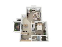 A 3D floor plan of a house with a kitchen, living room, and two bedrooms.