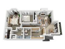 A detailed 3D floor plan of a compact living space.