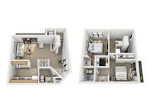 A floor plan of a two-bedroom apartment with a living room, kitchen, and bathroom.