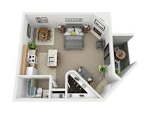 A 3D image of a small apartment with a bed, desk, and kitchenette.