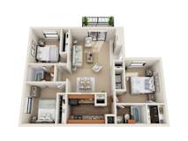 Three bed two bathroom floorplan with balcony at South Meadows Apartments, Red Oak, TX 75154
