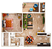 A top-down view of a room with a couch, a rug, a chair, a table, a shelf, and a cushion with a lion design.