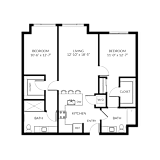 A floor plan of a house with three bedrooms, a living room, a kitchen, a bathroom, and a closet.