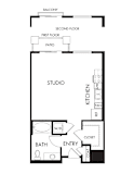 A floor plan of a house with a bathroom, kitchen, and two bedrooms.
