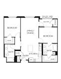 A black and white image of a house floor plan with two bedrooms, a living/dining area, a kitchen, two bathrooms, and a storage area.