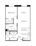 One bedroom apartment floor plan with utility room at Renaissance Square Apartments, California