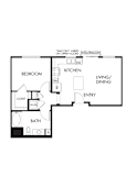 A floor plan of a small apartment with a bedroom, kitchen, living room, and bathroom.