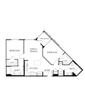 A black and white diagram of a house layout with two bedrooms, a living/dining area, a kitchen, a bath, and an entry.