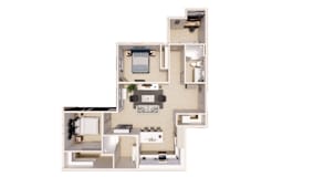 A floor plan of a small apartment with a kitchen, living room, and two bedrooms.