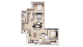 A floor plan of an apartment with a kitchen, living room, and two bedrooms.