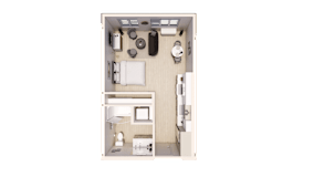 A top-down view of a small, neatly organized bedroom with a bed, desk, and chair.
