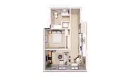 A floor plan of a small apartment with a kitchen, living room, and bathroom.