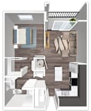 A top-down view of a small apartment with a kitchen, living room, and bathroom.